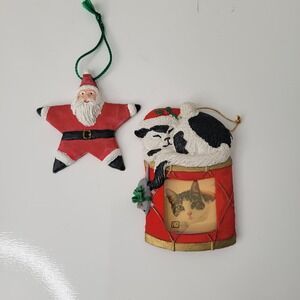 Vintage 1992 Star Santa & Drum Kitten Photo‎ Frame 1991 Christmas Ornaments Lot